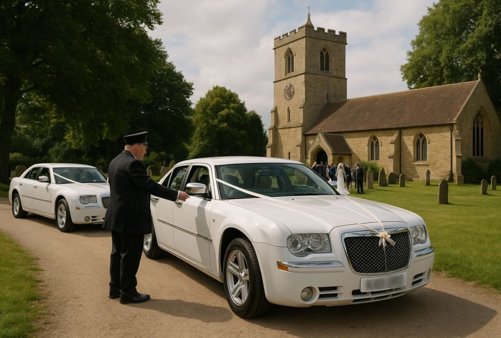 Two white Chrysler 300 wedding cars parked on a gravel path outside a traditional English church