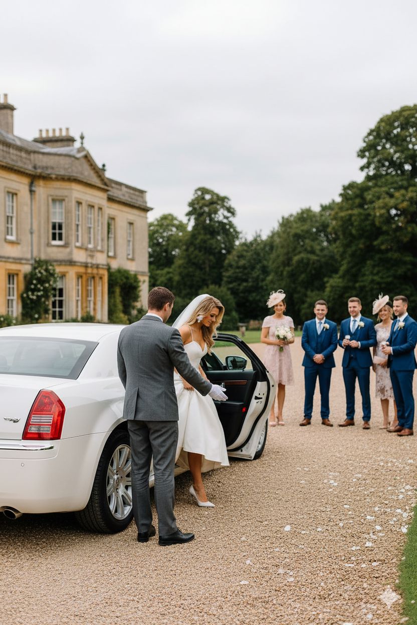 A bride leaving a car in a wedding setting